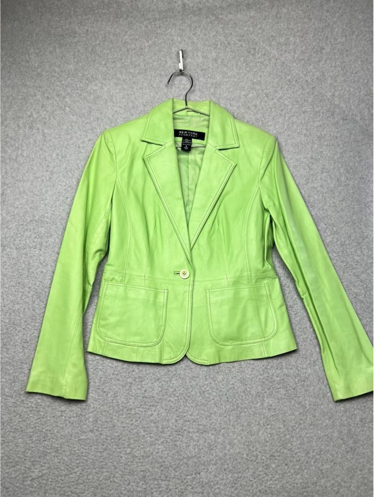 Vtg Y2k 70s New York & Company Lime Green 100% Leather Blazer 6 Jacket Academia